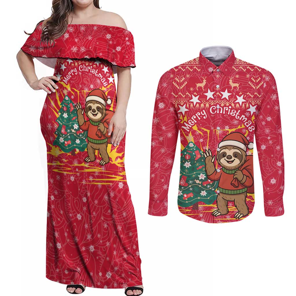 Venezuela Christmas Couples Matching Off Shoulder Maxi Dress and Long Sleeve Button Shirt with Santa Sloth Christmas Tree Stars and Red Festive - Wonder Print Shop