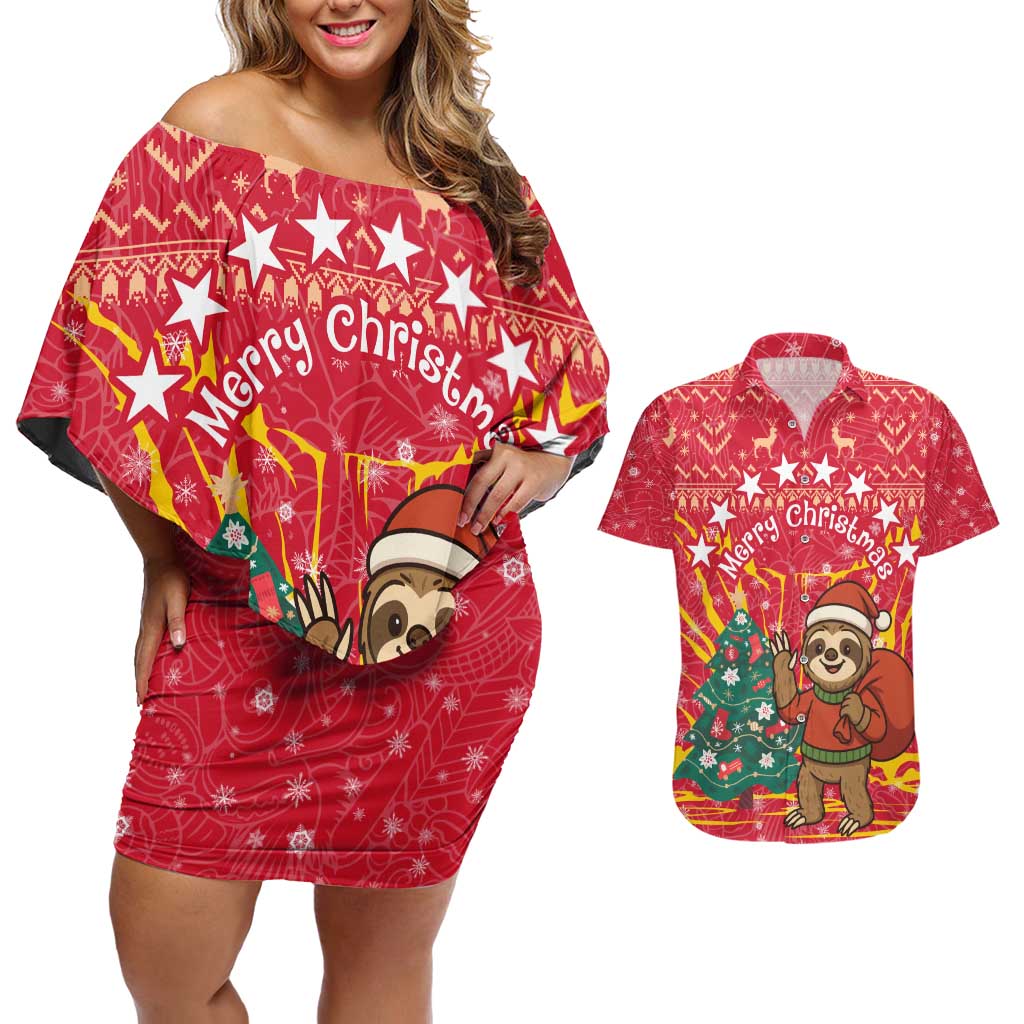 Venezuela Christmas Couples Matching Off Shoulder Short Dress and Hawaiian Shirt with Santa Sloth Christmas Tree Stars and Red Festive - Wonder Print Shop