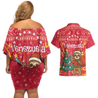 Venezuela Christmas Couples Matching Off Shoulder Short Dress and Hawaiian Shirt with Santa Sloth Christmas Tree Stars and Red Festive - Wonder Print Shop