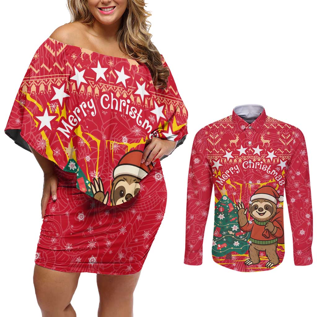 Venezuela Christmas Couples Matching Off Shoulder Short Dress and Long Sleeve Button Shirt with Santa Sloth Christmas Tree Stars and Red Festive - Wonder Print Shop