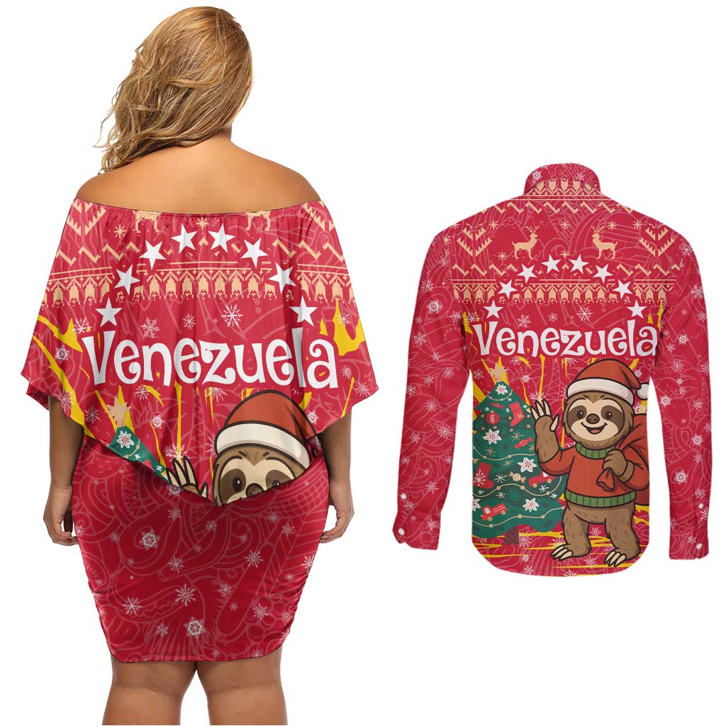 Venezuela Christmas Couples Matching Off Shoulder Short Dress and Long Sleeve Button Shirt with Santa Sloth Christmas Tree Stars and Red Festive - Wonder Print Shop