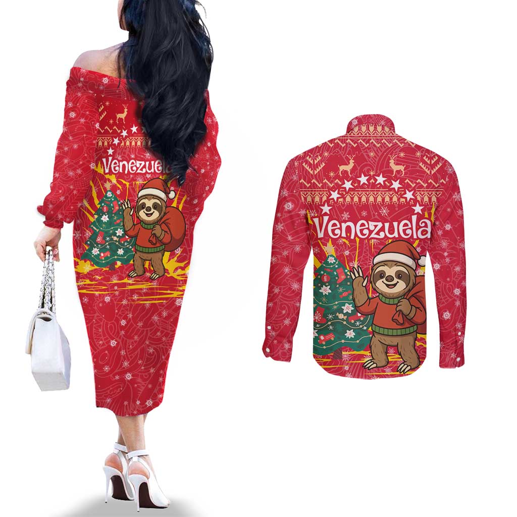 Venezuela Christmas Couples Matching Off The Shoulder Long Sleeve Dress and Long Sleeve Button Shirt with Santa Sloth Christmas Tree Stars and Red Festive - Wonder Print Shop