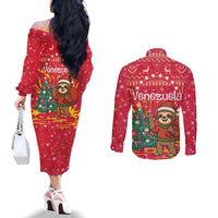 Venezuela Christmas Couples Matching Off The Shoulder Long Sleeve Dress and Long Sleeve Button Shirt with Santa Sloth Christmas Tree Stars and Red Festive - Wonder Print Shop