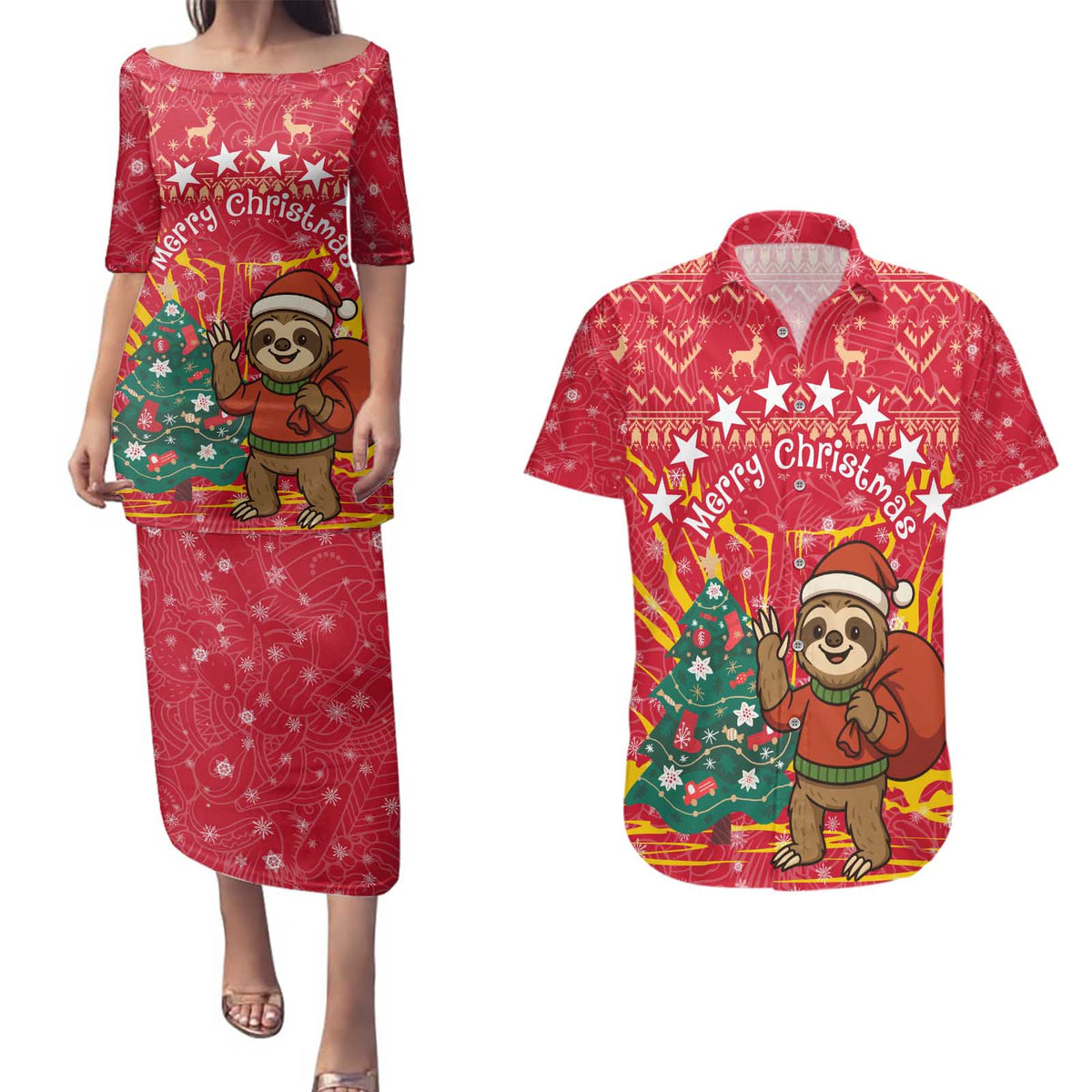 Venezuela Christmas Couples Matching Puletasi and Hawaiian Shirt with Santa Sloth Christmas Tree Stars and Red Festive - Wonder Print Shop