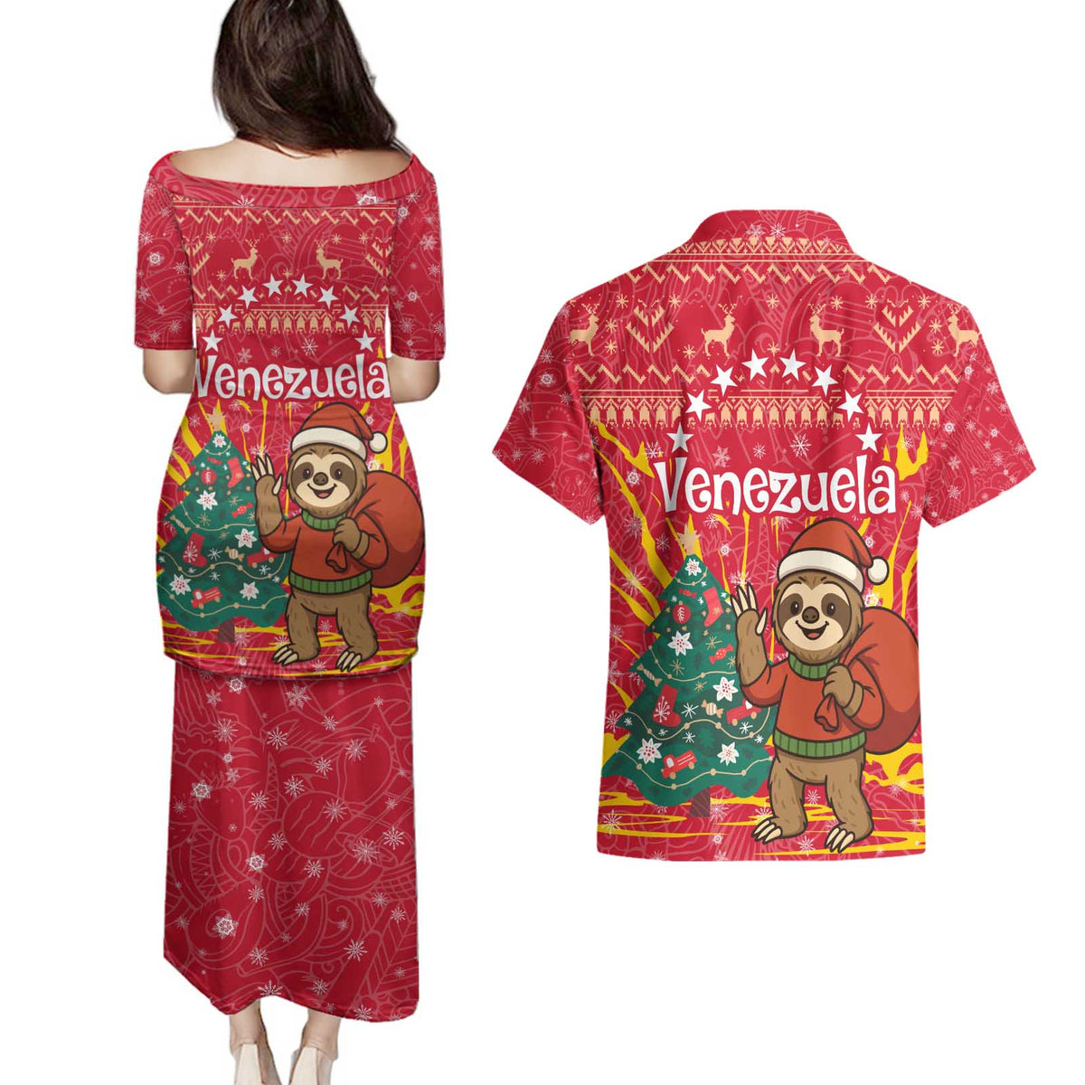 Venezuela Christmas Couples Matching Puletasi and Hawaiian Shirt with Santa Sloth Christmas Tree Stars and Red Festive - Wonder Print Shop