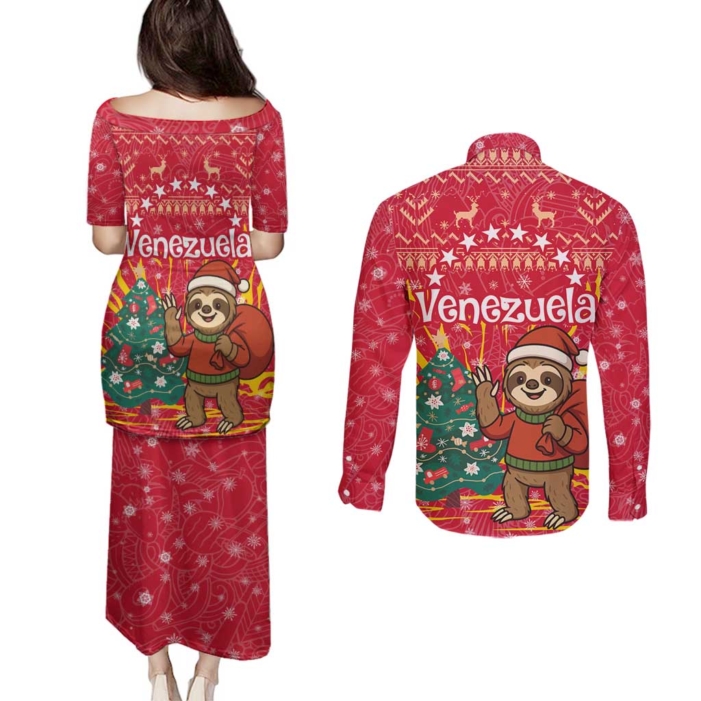 Venezuela Christmas Couples Matching Puletasi and Long Sleeve Button Shirt with Santa Sloth Christmas Tree Stars and Red Festive - Wonder Print Shop