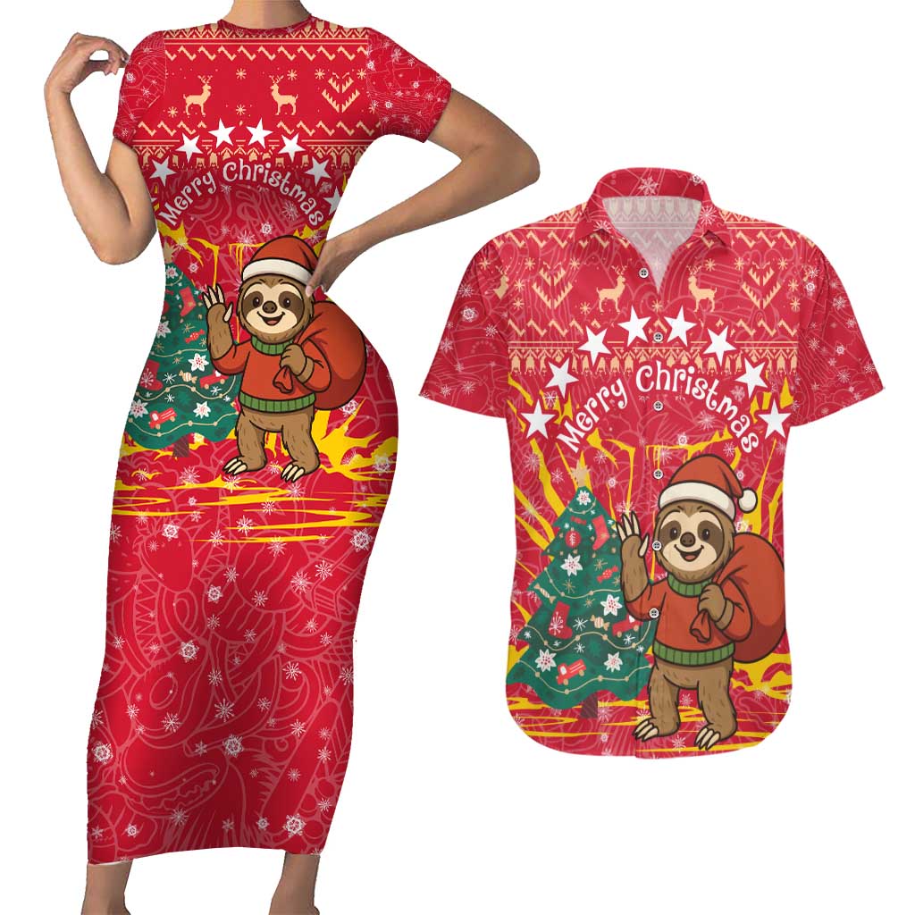 Venezuela Christmas Couples Matching Short Sleeve Bodycon Dress and Hawaiian Shirt with Santa Sloth Christmas Tree Stars and Red Festive - Wonder Print Shop