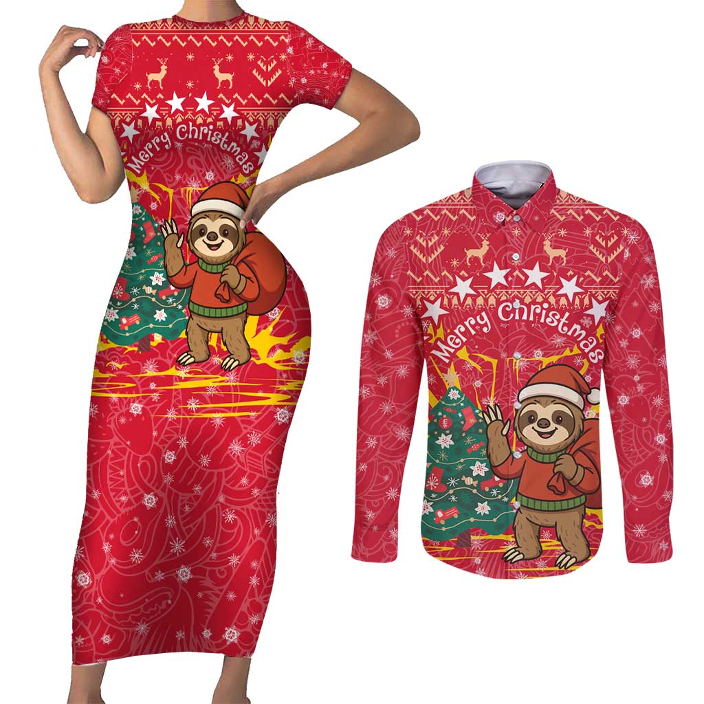 Venezuela Christmas Couples Matching Short Sleeve Bodycon Dress and Long Sleeve Button Shirt with Santa Sloth Christmas Tree Stars and Red Festive - Wonder Print Shop