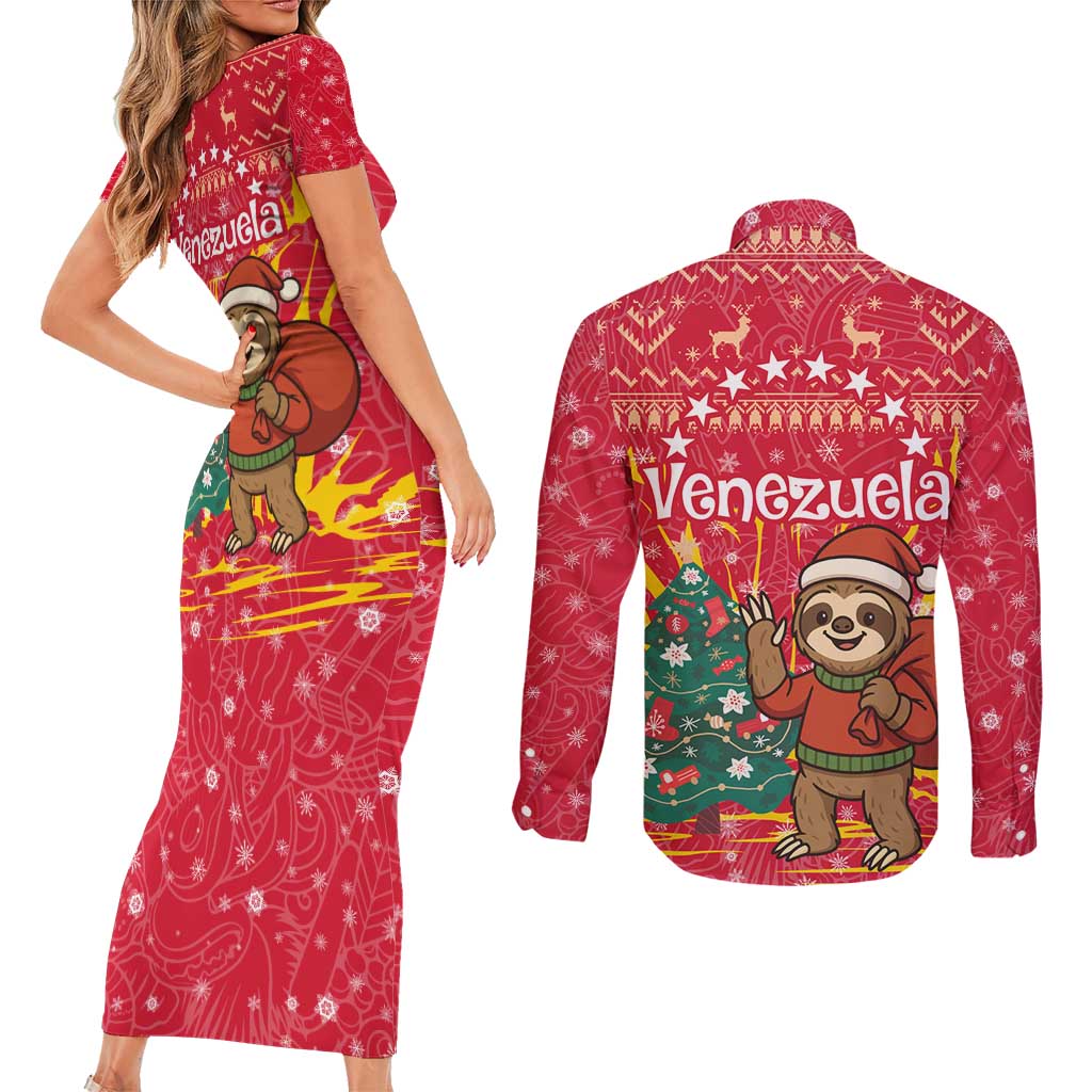 Venezuela Christmas Couples Matching Short Sleeve Bodycon Dress and Long Sleeve Button Shirt with Santa Sloth Christmas Tree Stars and Red Festive - Wonder Print Shop