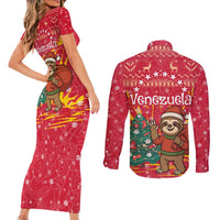 Venezuela Christmas Couples Matching Short Sleeve Bodycon Dress and Long Sleeve Button Shirt with Santa Sloth Christmas Tree Stars and Red Festive - Wonder Print Shop