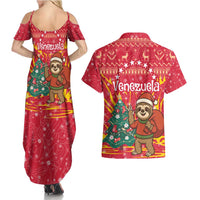 Venezuela Christmas Couples Matching Summer Maxi Dress and Hawaiian Shirt with Santa Sloth Christmas Tree Stars and Red Festive - Wonder Print Shop