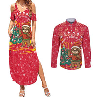 Venezuela Christmas Couples Matching Summer Maxi Dress and Long Sleeve Button Shirt with Santa Sloth Christmas Tree Stars and Red Festive - Wonder Print Shop