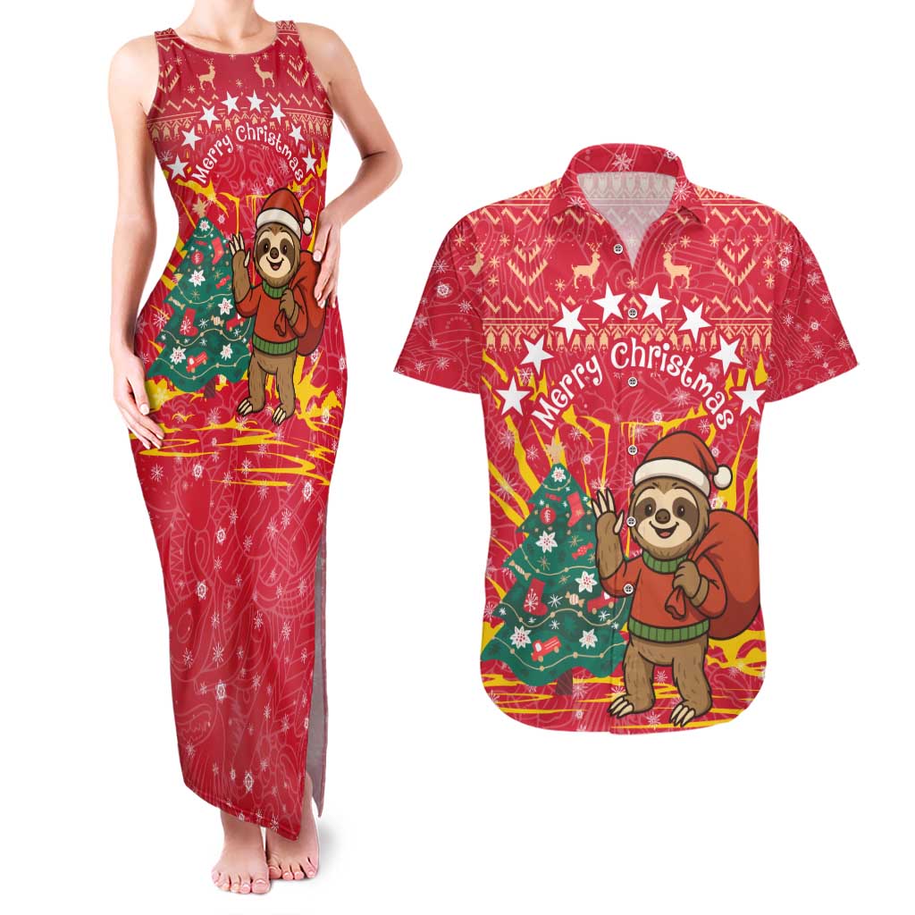 Venezuela Christmas Couples Matching Tank Maxi Dress and Hawaiian Shirt with Santa Sloth Christmas Tree Stars and Red Festive - Wonder Print Shop