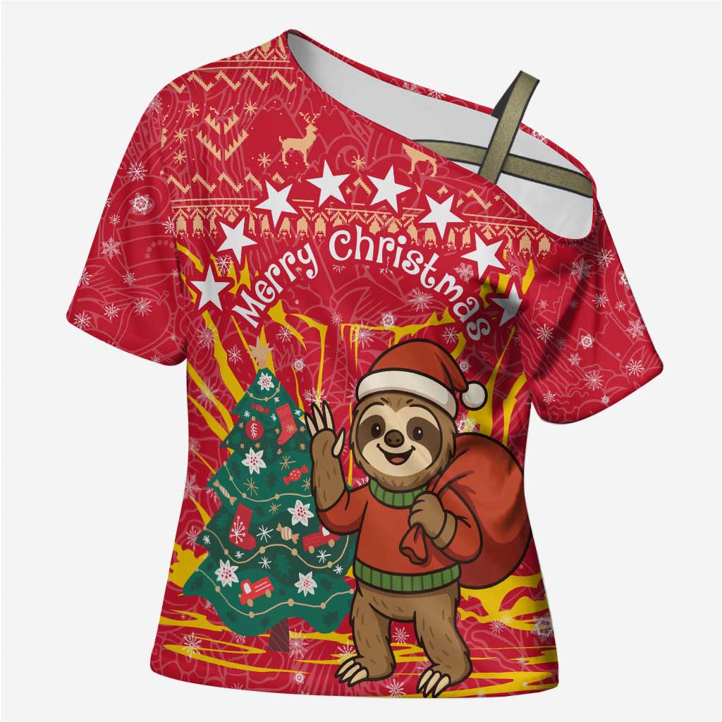 Venezuela Christmas Cross Shoulder Shirt with Santa Sloth Christmas Tree Stars and Red Festive - Wonder Print Shop