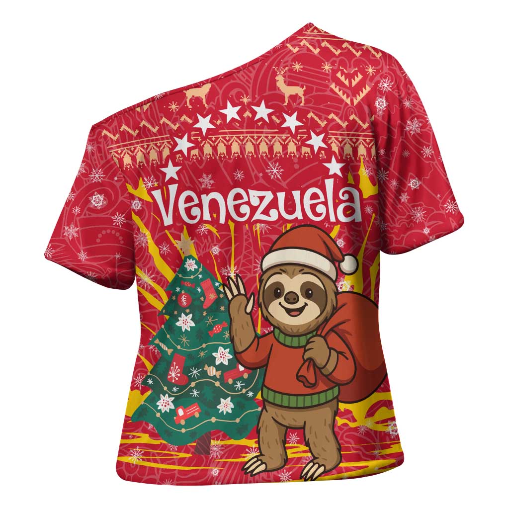 Venezuela Christmas Cross Shoulder Shirt with Santa Sloth Christmas Tree Stars and Red Festive - Wonder Print Shop