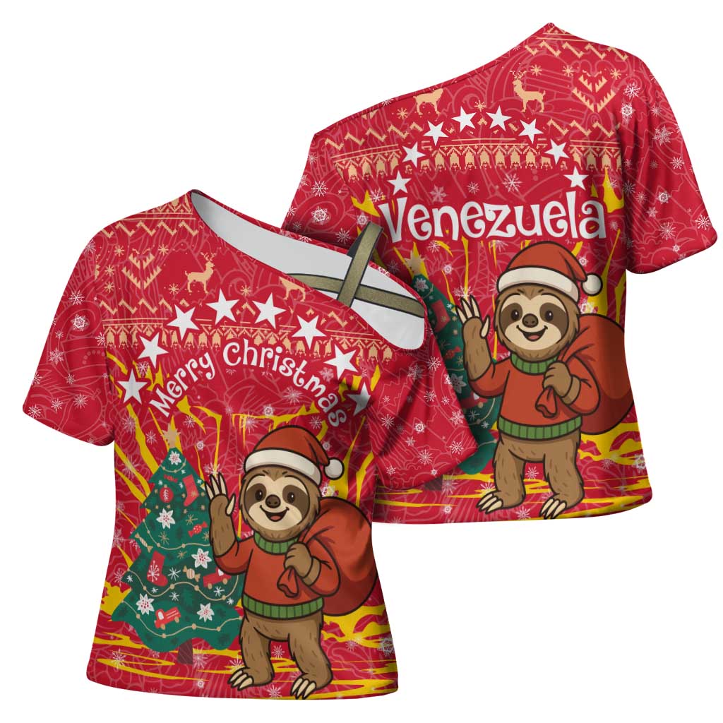 Venezuela Christmas Cross Shoulder Shirt with Santa Sloth Christmas Tree Stars and Red Festive - Wonder Print Shop