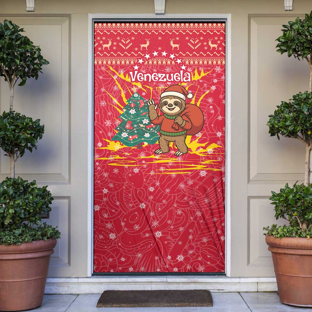 Venezuela Christmas Door Cover with Santa Sloth Christmas Tree Stars and Red Festive - Wonder Print Shop