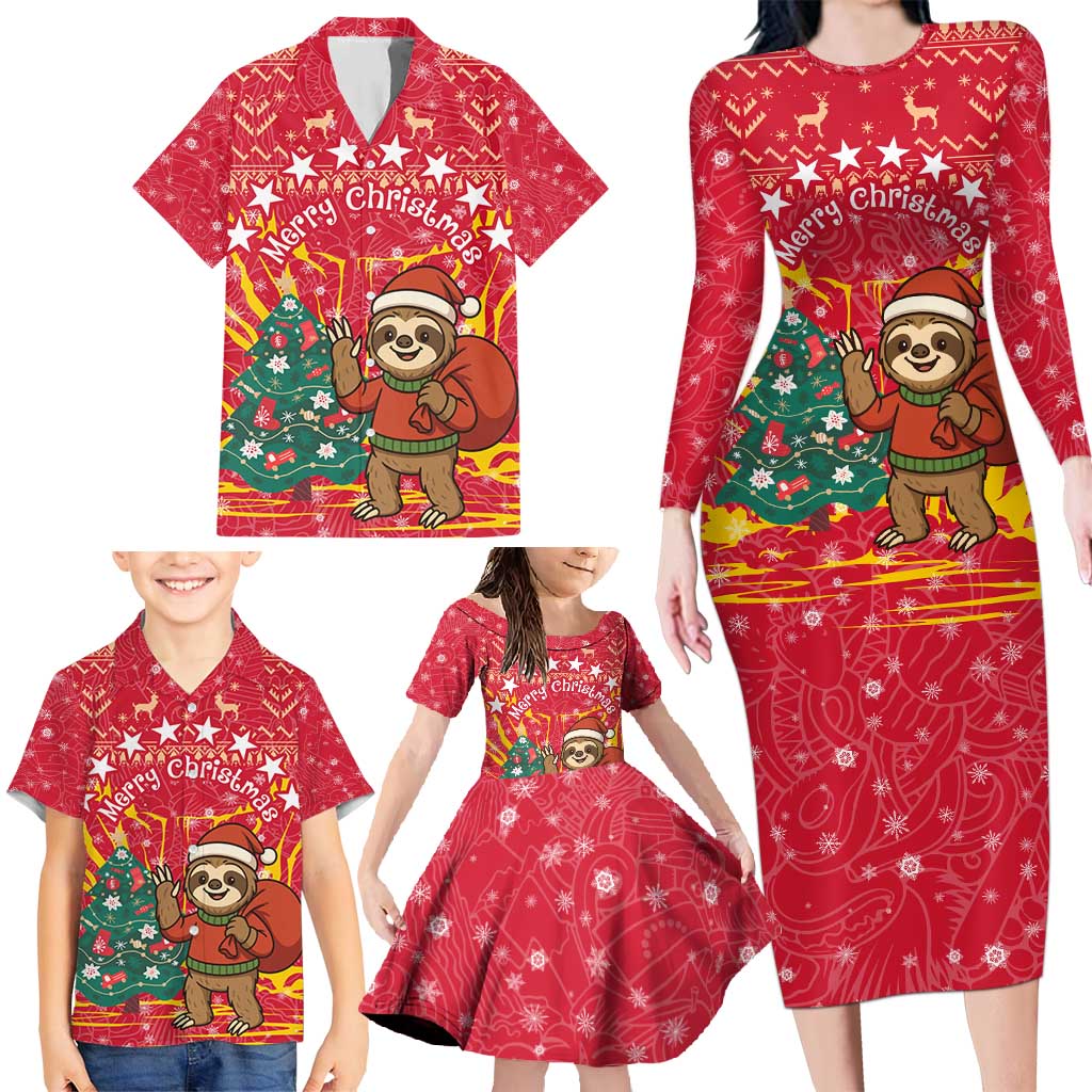 Venezuela Christmas Family Matching Long Sleeve Bodycon Dress and Hawaiian Shirt with Santa Sloth Christmas Tree Stars and Red Festive - Wonder Print Shop