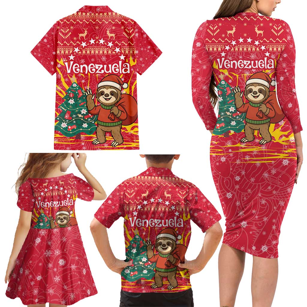Venezuela Christmas Family Matching Long Sleeve Bodycon Dress and Hawaiian Shirt with Santa Sloth Christmas Tree Stars and Red Festive - Wonder Print Shop
