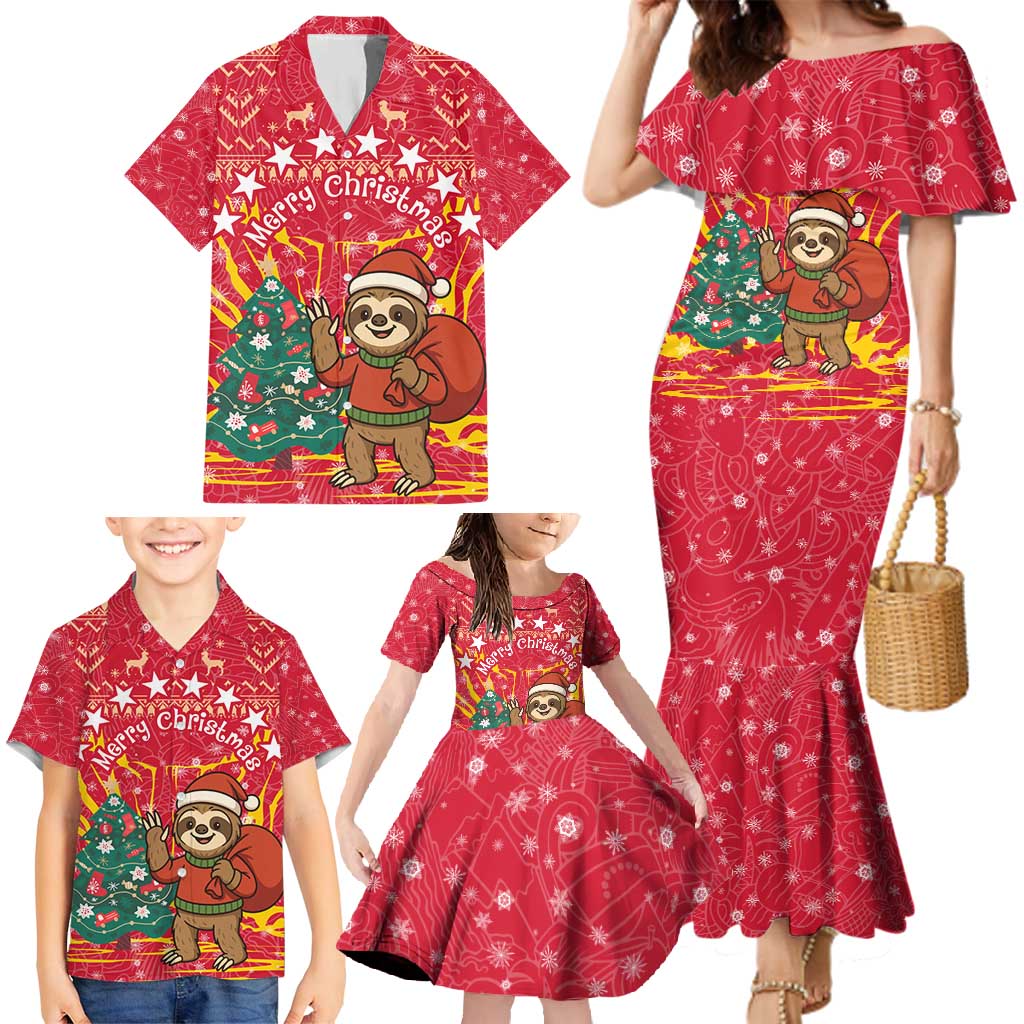 Venezuela Christmas Family Matching Mermaid Dress and Hawaiian Shirt with Santa Sloth Christmas Tree Stars and Red Festive - Wonder Print Shop