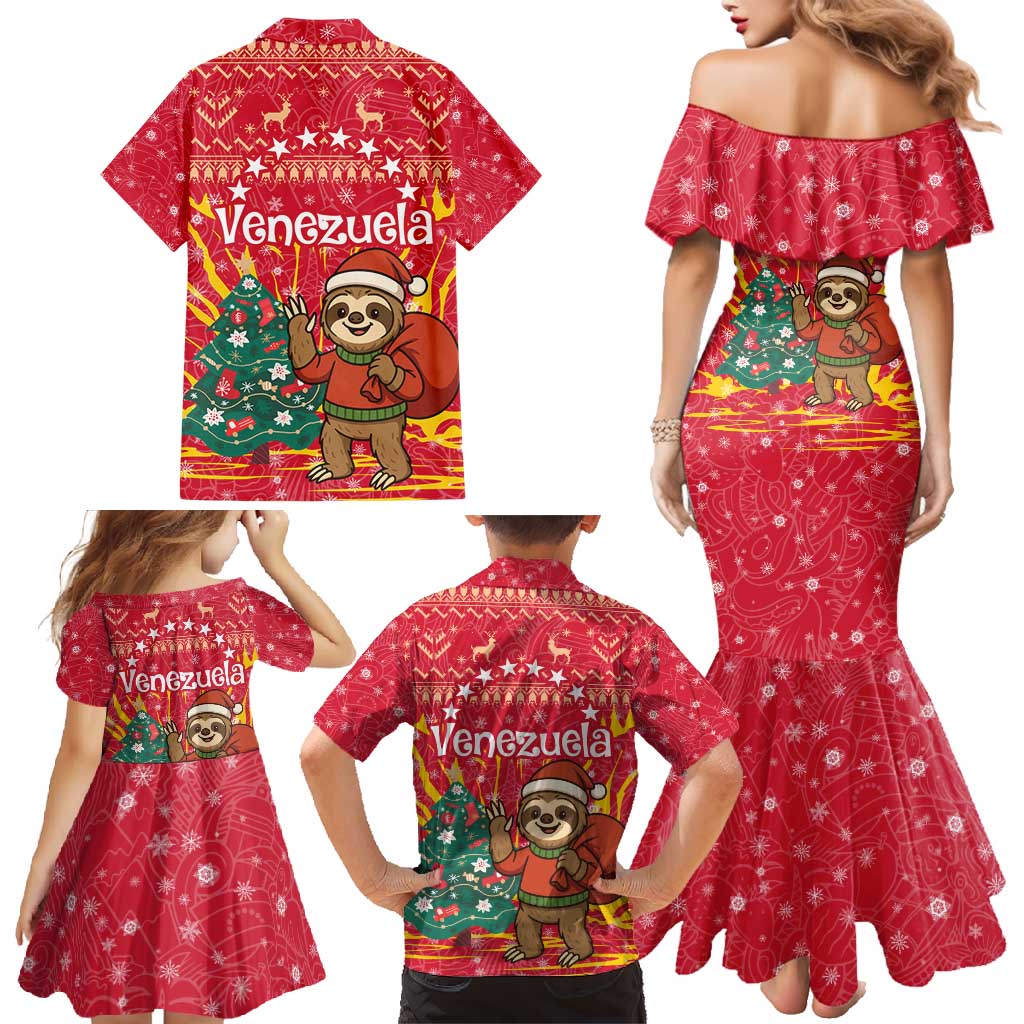 Venezuela Christmas Family Matching Mermaid Dress and Hawaiian Shirt with Santa Sloth Christmas Tree Stars and Red Festive - Wonder Print Shop