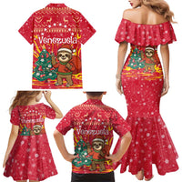Venezuela Christmas Family Matching Mermaid Dress and Hawaiian Shirt with Santa Sloth Christmas Tree Stars and Red Festive - Wonder Print Shop