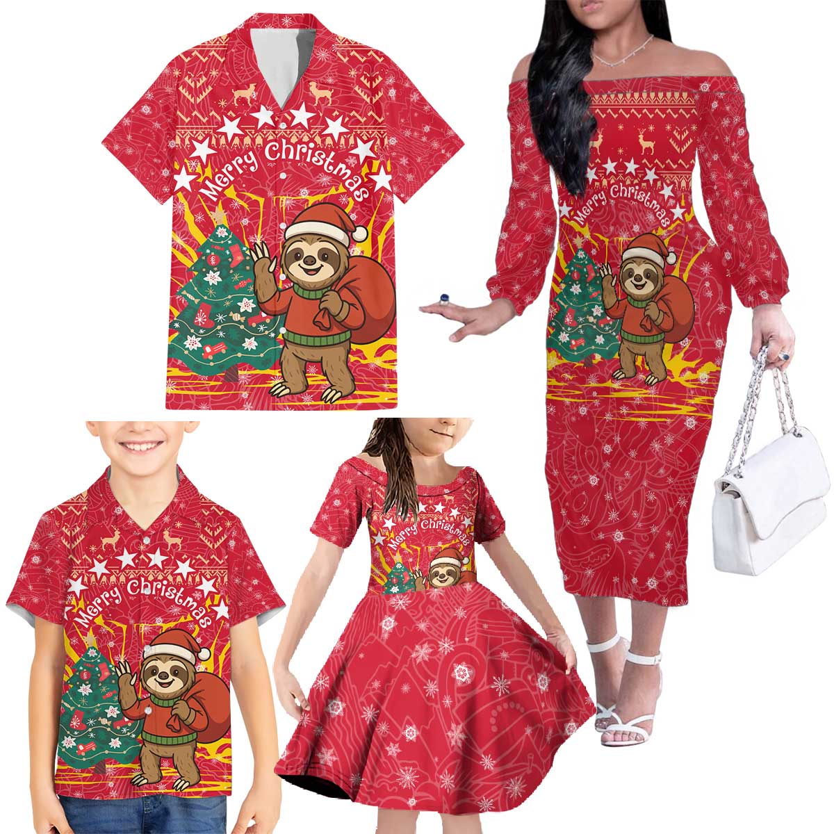 Venezuela Christmas Family Matching Off The Shoulder Long Sleeve Dress and Hawaiian Shirt with Santa Sloth Christmas Tree Stars and Red Festive - Wonder Print Shop