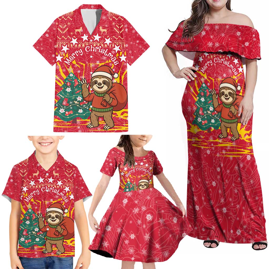 Venezuela Christmas Family Matching Off Shoulder Maxi Dress and Hawaiian Shirt with Santa Sloth Christmas Tree Stars and Red Festive - Wonder Print Shop