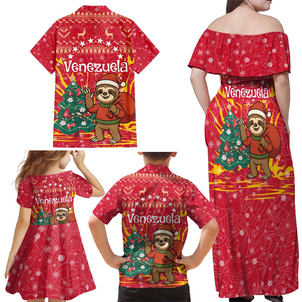Venezuela Christmas Family Matching Off Shoulder Maxi Dress and Hawaiian Shirt with Santa Sloth Christmas Tree Stars and Red Festive - Wonder Print Shop