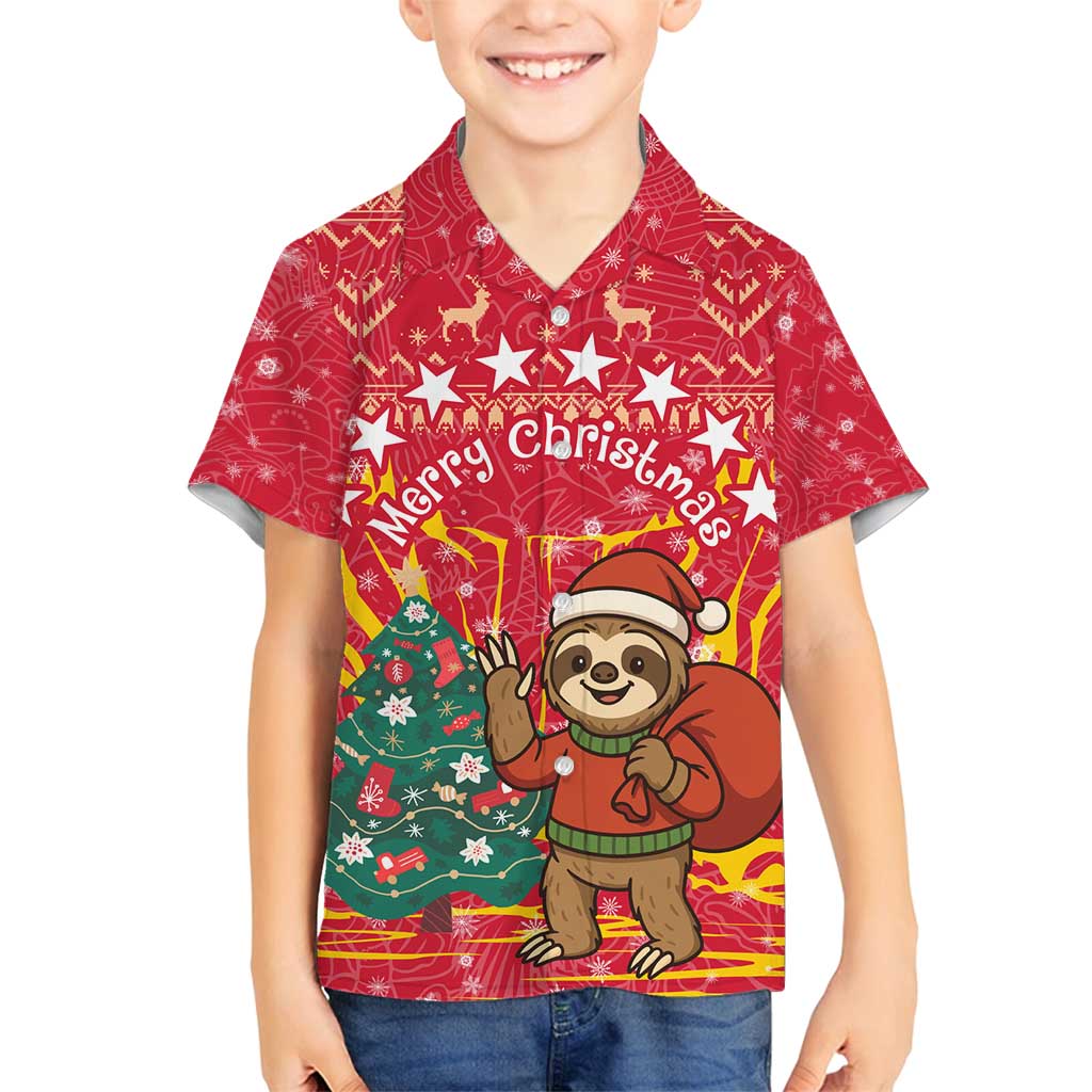 Venezuela Christmas Family Matching Off Shoulder Maxi Dress and Hawaiian Shirt with Santa Sloth Christmas Tree Stars and Red Festive - Wonder Print Shop
