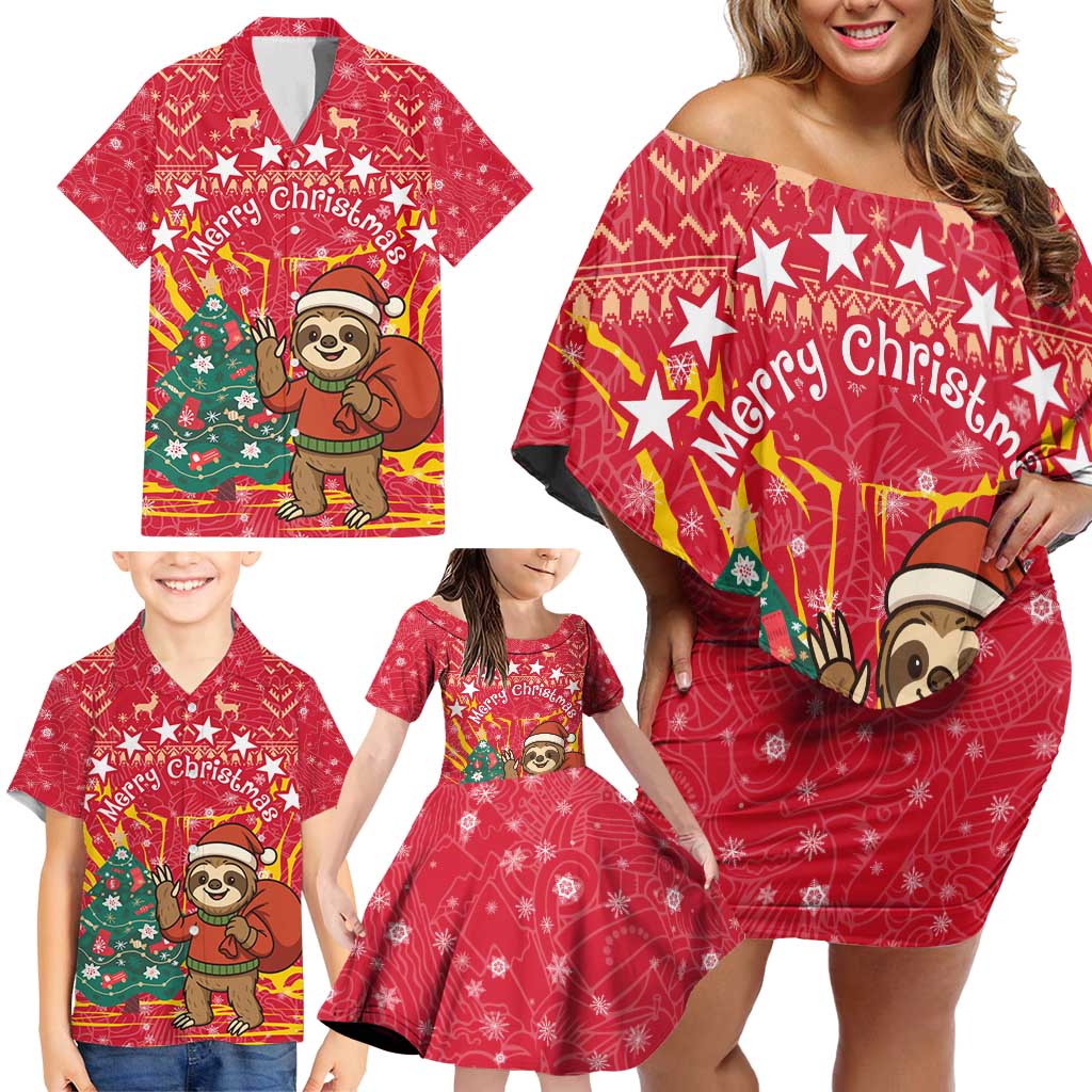 Venezuela Christmas Family Matching Off Shoulder Short Dress and Hawaiian Shirt with Santa Sloth Christmas Tree Stars and Red Festive - Wonder Print Shop
