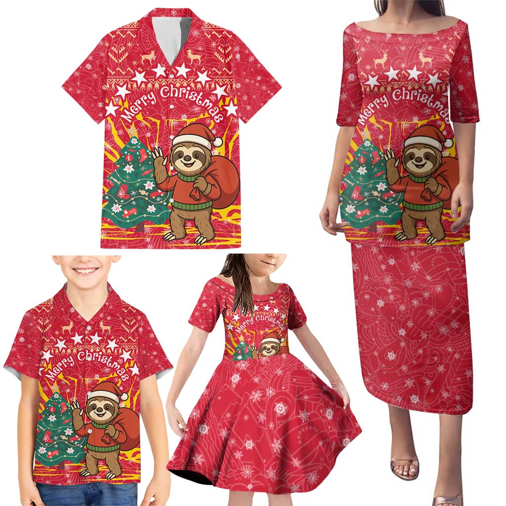 Venezuela Christmas Family Matching Puletasi and Hawaiian Shirt with Santa Sloth Christmas Tree Stars and Red Festive - Wonder Print Shop