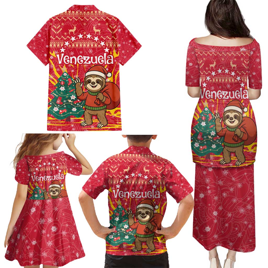 Venezuela Christmas Family Matching Puletasi and Hawaiian Shirt with Santa Sloth Christmas Tree Stars and Red Festive - Wonder Print Shop