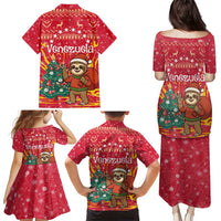 Venezuela Christmas Family Matching Puletasi and Hawaiian Shirt with Santa Sloth Christmas Tree Stars and Red Festive - Wonder Print Shop