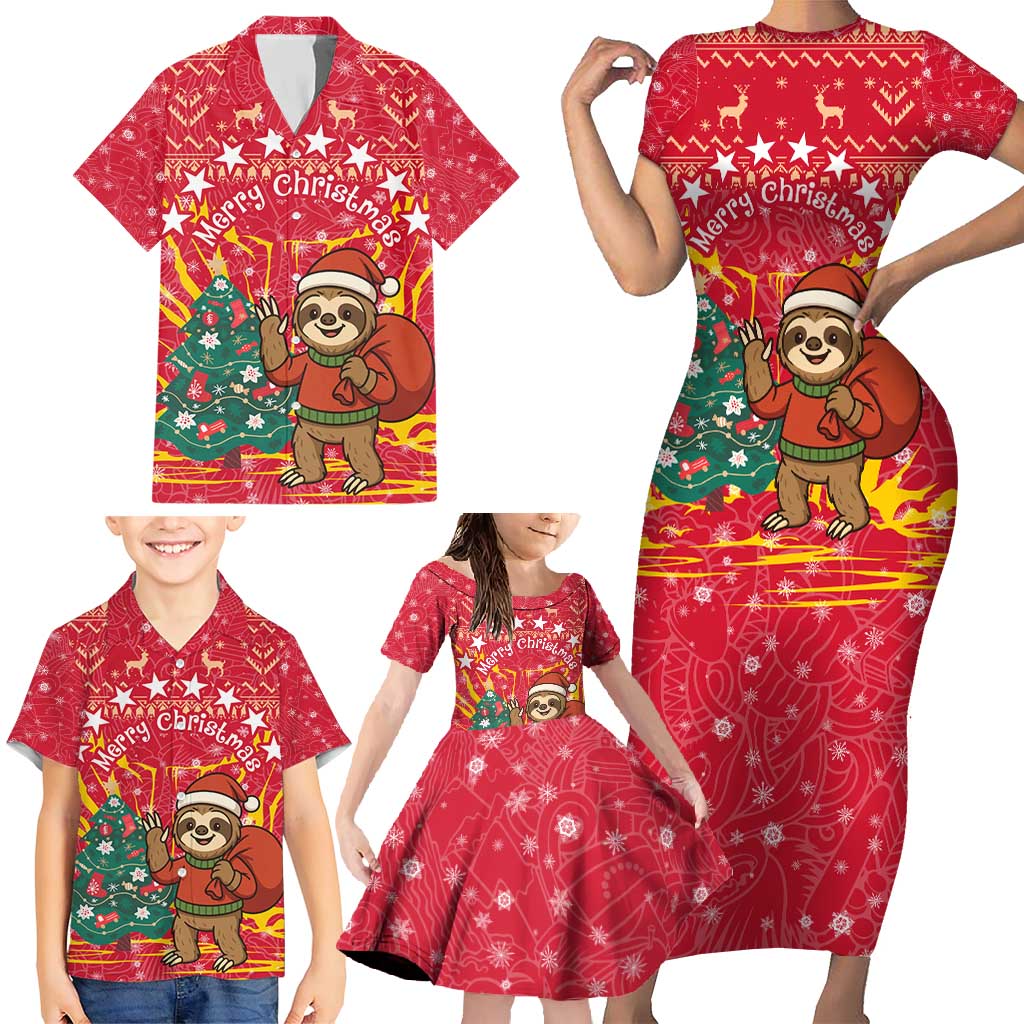 Venezuela Christmas Family Matching Short Sleeve Bodycon Dress and Hawaiian Shirt with Santa Sloth Christmas Tree Stars and Red Festive - Wonder Print Shop