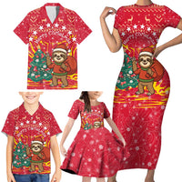 Venezuela Christmas Family Matching Short Sleeve Bodycon Dress and Hawaiian Shirt with Santa Sloth Christmas Tree Stars and Red Festive - Wonder Print Shop