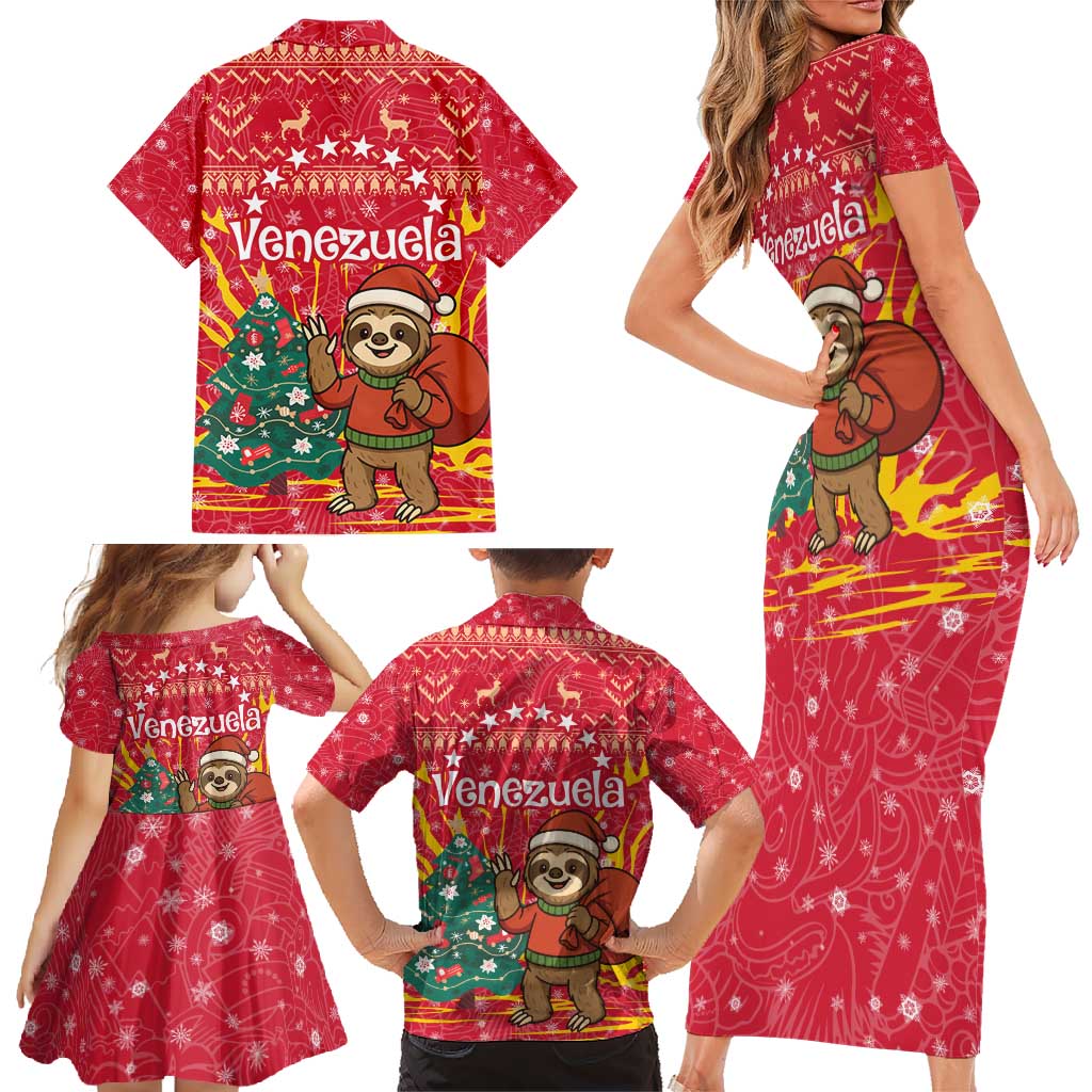 Venezuela Christmas Family Matching Short Sleeve Bodycon Dress and Hawaiian Shirt with Santa Sloth Christmas Tree Stars and Red Festive - Wonder Print Shop