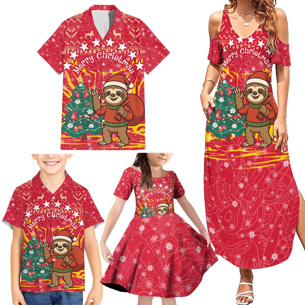 Venezuela Christmas Family Matching Summer Maxi Dress and Hawaiian Shirt with Santa Sloth Christmas Tree Stars and Red Festive - Wonder Print Shop
