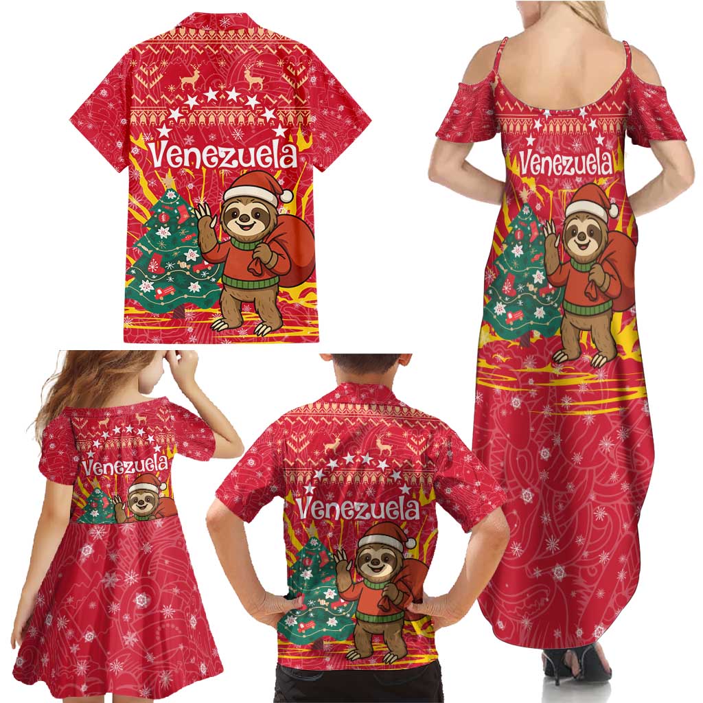 Venezuela Christmas Family Matching Summer Maxi Dress and Hawaiian Shirt with Santa Sloth Christmas Tree Stars and Red Festive - Wonder Print Shop