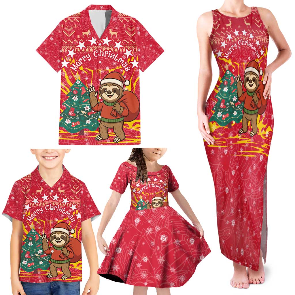 Venezuela Christmas Family Matching Tank Maxi Dress and Hawaiian Shirt with Santa Sloth Christmas Tree Stars and Red Festive - Wonder Print Shop