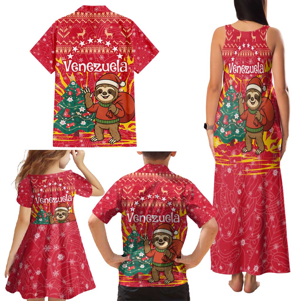 Venezuela Christmas Family Matching Tank Maxi Dress and Hawaiian Shirt with Santa Sloth Christmas Tree Stars and Red Festive - Wonder Print Shop