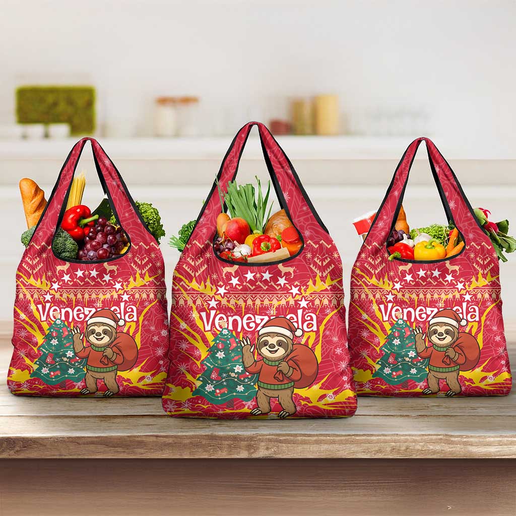 Venezuela Christmas Grocery Bag with Santa Sloth Christmas Tree Stars and Red Festive - Wonder Print Shop