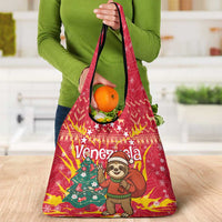 Venezuela Christmas Grocery Bag with Santa Sloth Christmas Tree Stars and Red Festive - Wonder Print Shop