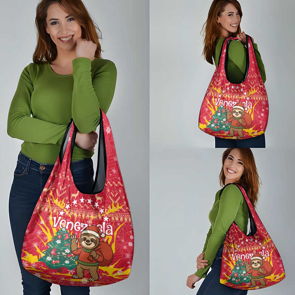 Venezuela Christmas Grocery Bag with Santa Sloth Christmas Tree Stars and Red Festive - Wonder Print Shop