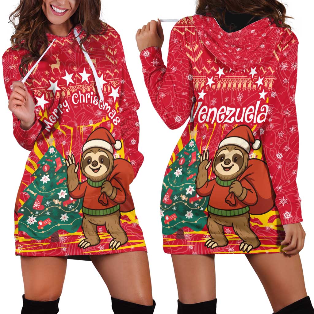Venezuela Christmas Hoodie Dress with Santa Sloth Christmas Tree Stars and Red Festive - Wonder Print Shop