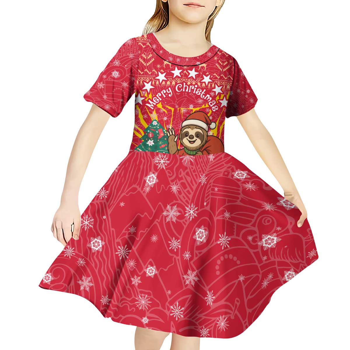 Venezuela Christmas Kid Short Sleeve Dress with Santa Sloth Christmas Tree Stars and Red Festive - Wonder Print Shop