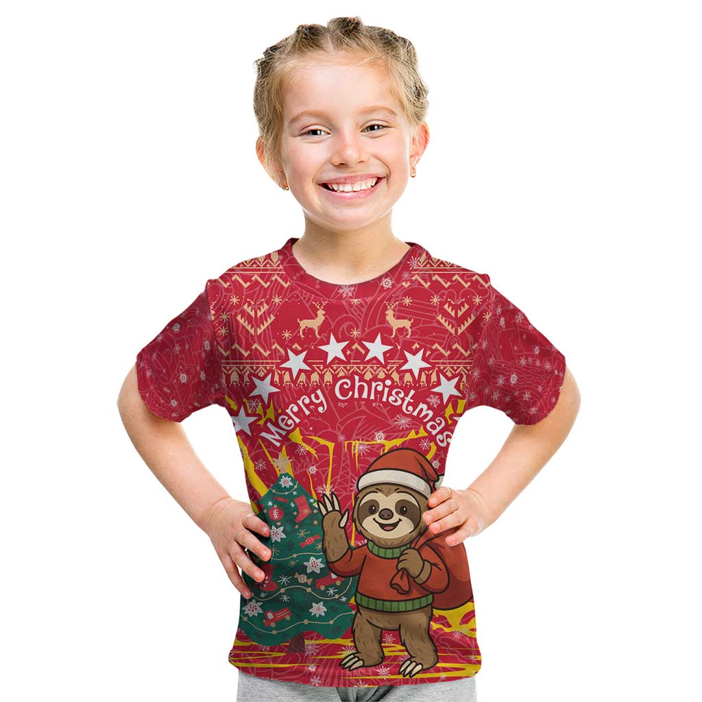 Venezuela Christmas Kid T Shirt with Santa Sloth Christmas Tree Stars and Red Festive - Wonder Print Shop