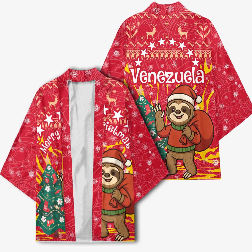 Venezuela Christmas Kimono with Santa Sloth Christmas Tree Stars and Red Festive - Wonder Print Shop