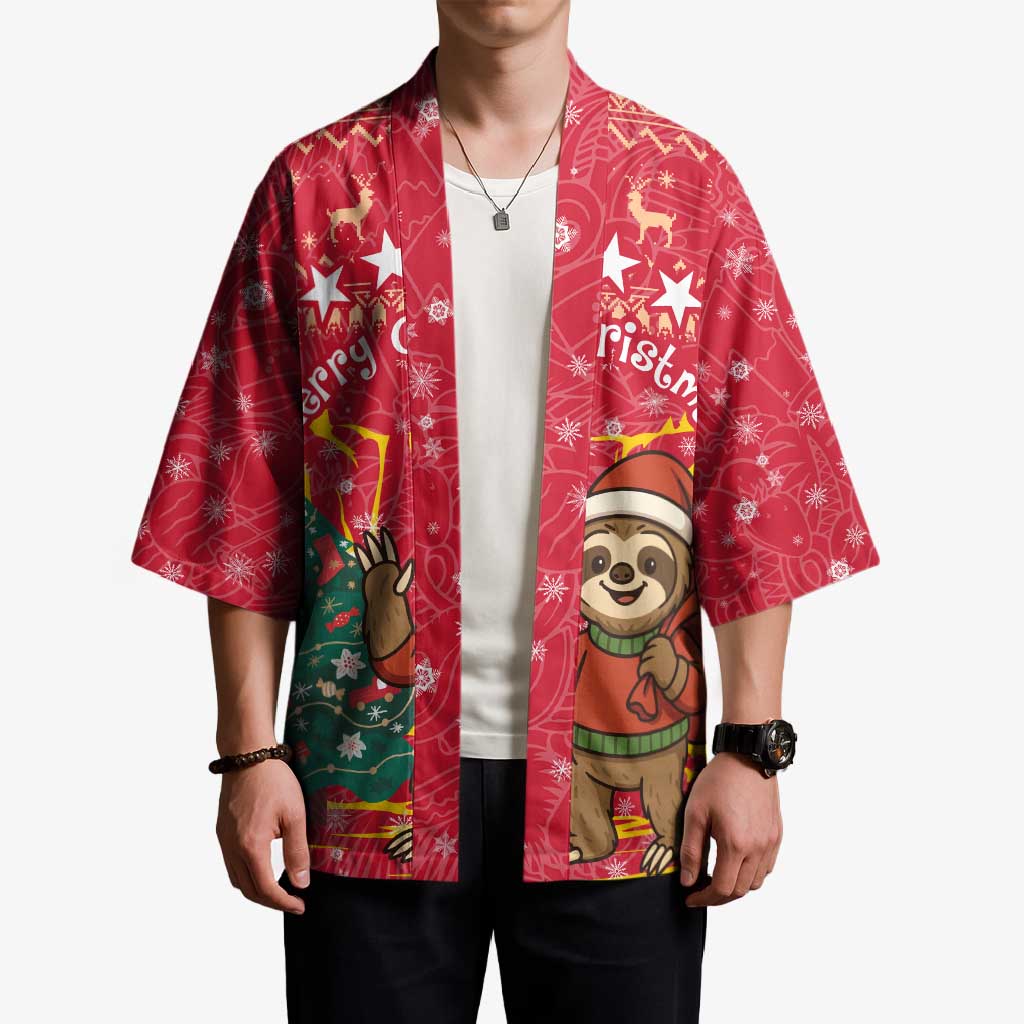 Venezuela Christmas Kimono with Santa Sloth Christmas Tree Stars and Red Festive - Wonder Print Shop