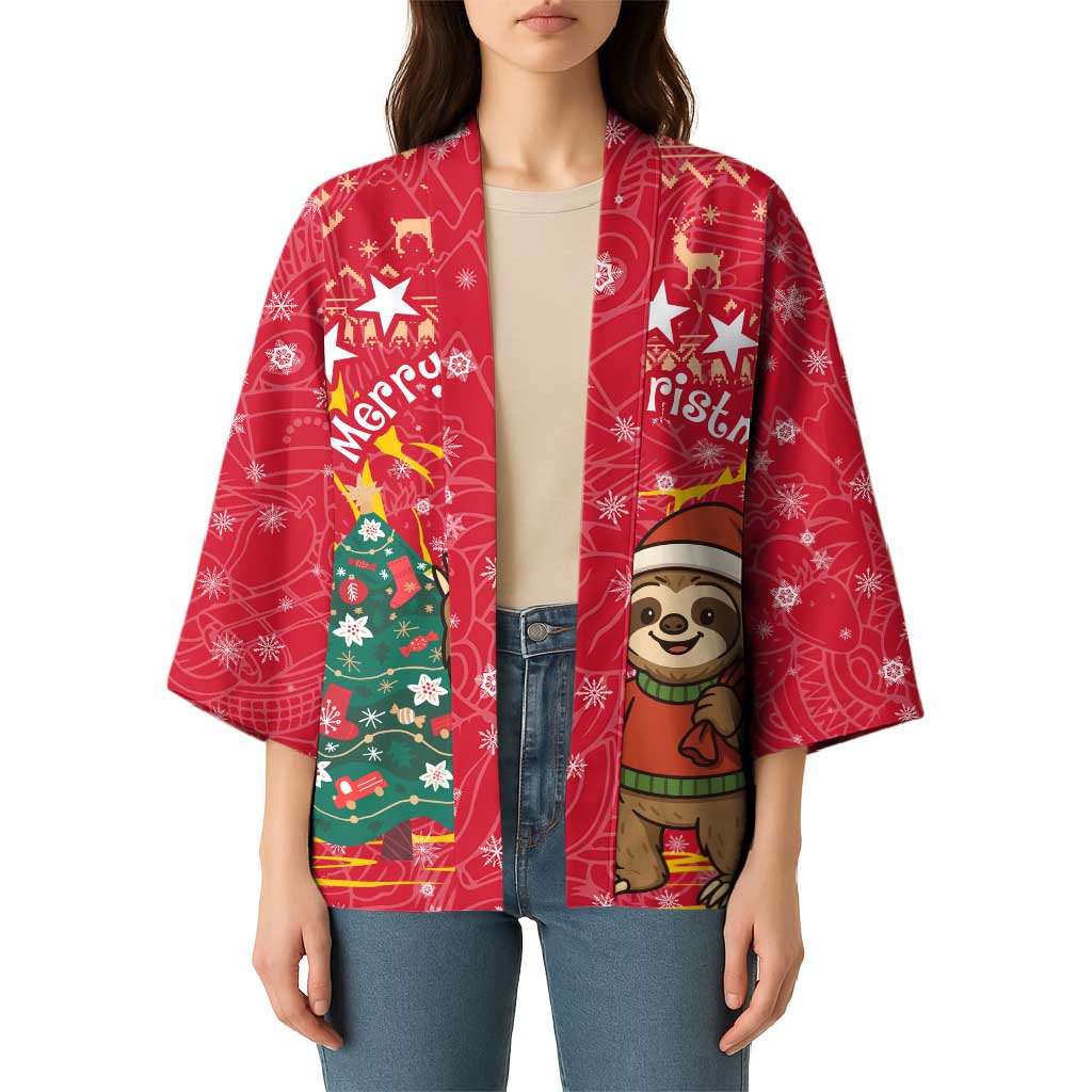 Venezuela Christmas Kimono with Santa Sloth Christmas Tree Stars and Red Festive - Wonder Print Shop